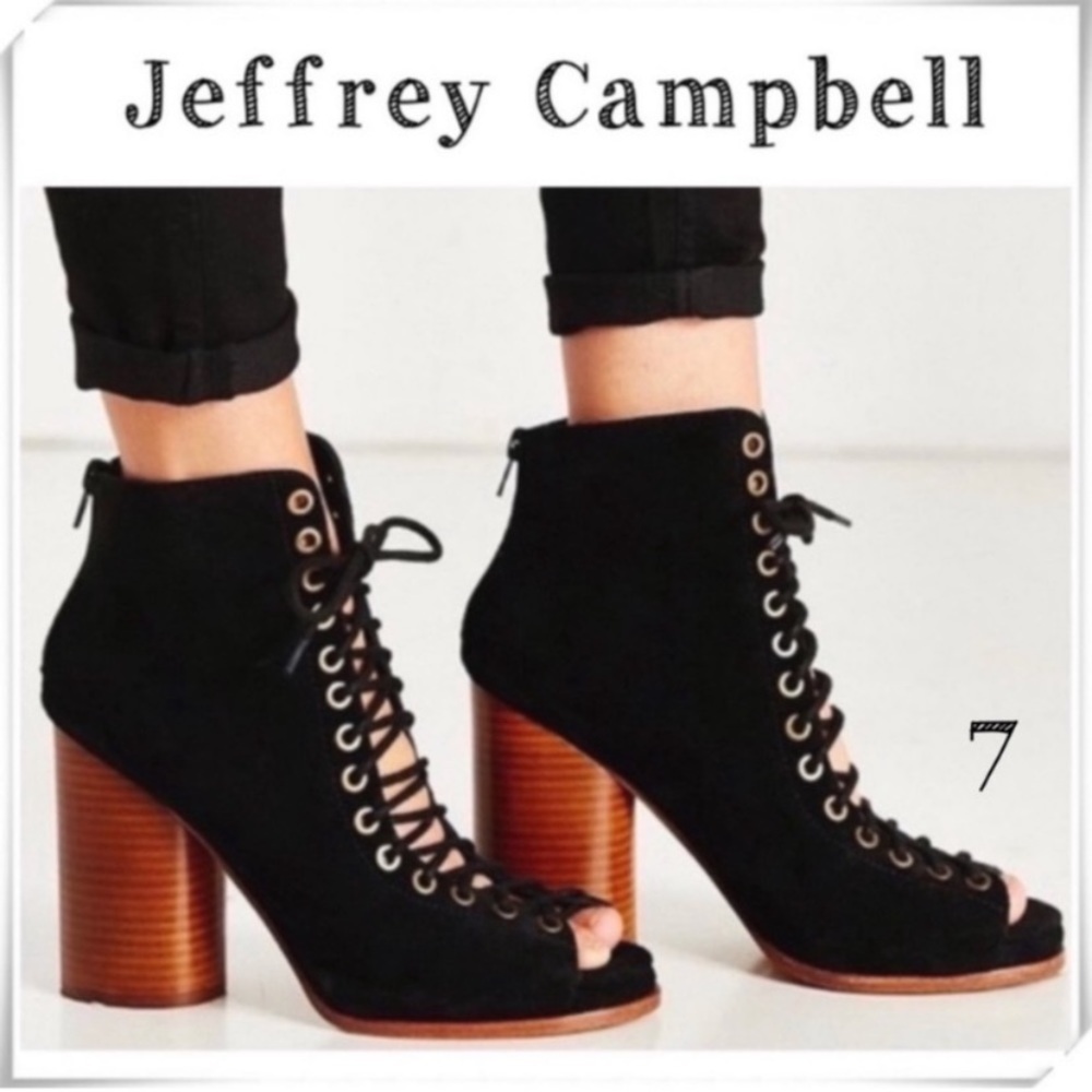 Jeffrey Campbell Free Love Suede Peep toe Lace up Block Heel Ankle Boot BK Sz 7